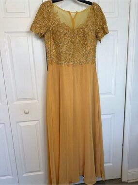 Embellished Short-Sleeve Gold Evening Dress